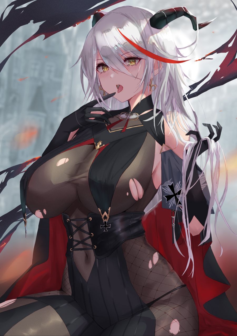 yande.re 867190 aegir_(azur_lane) azur_lane bodysuit fishnets horns no_bra satou_aji see_through torn_clothes.jpg