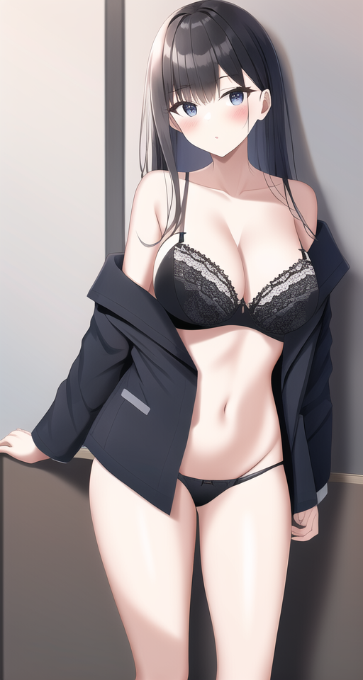 naked jacket, highleg panty, black bra, large breasts, s-385621662.png