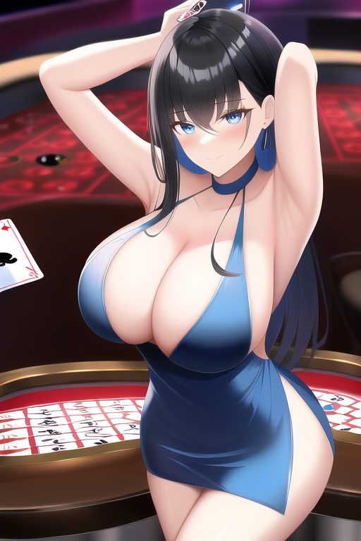 _black hair, blue eyes, casino card table, large breasts, cocktail dress, armpits, s-1728633312.png