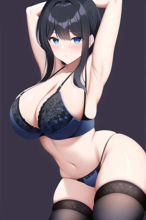 large breasts, armpits, thighhighs, black hair, blue eyes, black bra, black panty s-2919749007.png