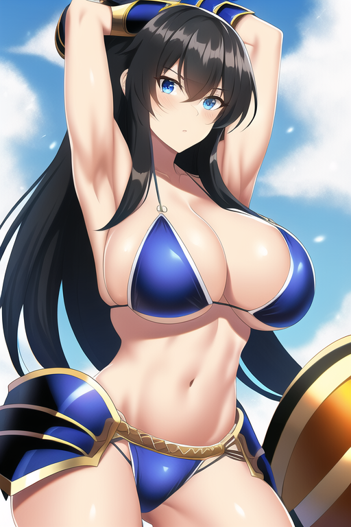 black hair, gladiator, large breasts, armor, bikini, armpits, blue eyes, s-1546053560.png