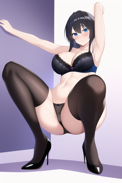 blue eyes, black hair, large breasts, high heels, back, thighhighs, black panties, squat, spread legs, armpits, black bra s-439147869.png