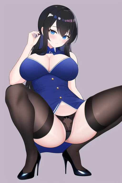 blue eyes, black hair, large breasts, high heels, back, thighhighs, black panties, squat, spread legs, s-3447937968.png