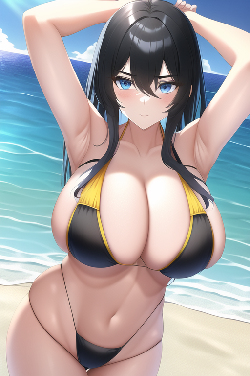 blue eyes, black hair, large breasts, armpits, beach, monokini s-4101033206.png