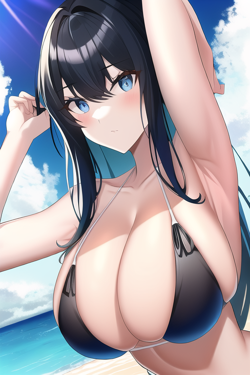 blue eyes, black hair, large breasts, armpits, beach, monokini s-317307749.png