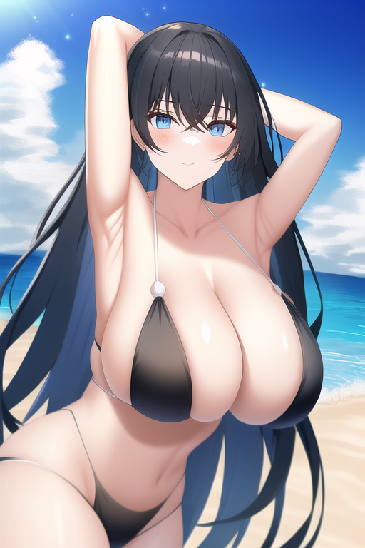 blue eyes, black hair, large breasts, armpits, beach, monokini s-2610944976.png