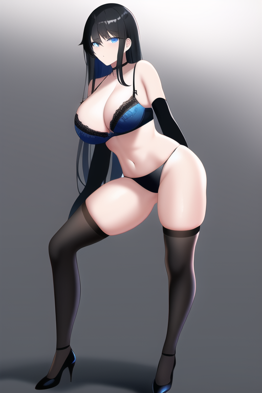 blue eyes, black hair, large breasts, thighhighs, high heels, black bra, black pantieback, hip s-3421126615.png