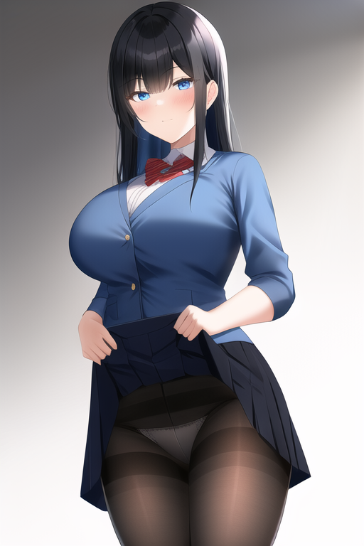 black hair, blue eyes, microskirt, panties over pantyhose, large breasts, s-1323821808.png