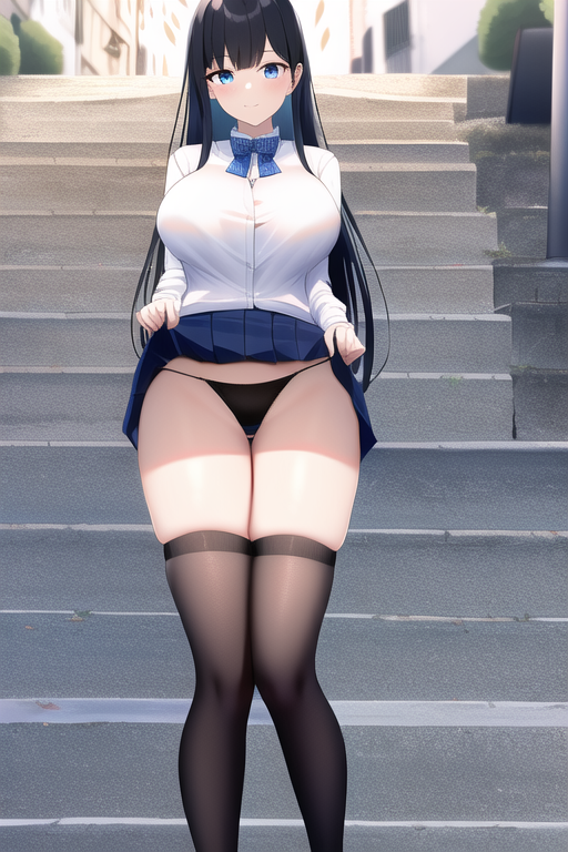 black hair, microskirt, thighhighs, large breasts, highleg panties, micro skirt, street, skirt lift, blue eye s-448733419.png