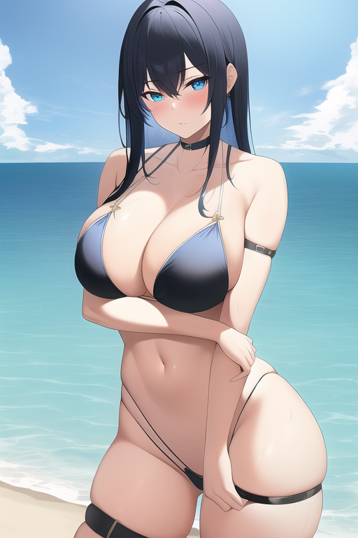 blue eye, black hair, thigh strap, large breasts, thong, beach, 1girl, arm on waist s-3313790376.png