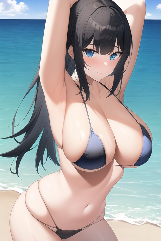 blue eyes, large breasts, black hair, thong bikini, armpits, ocean, s-591108311.png