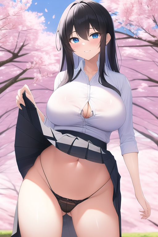 blue eyes, large breasts, black hair, thong, skirt lift, cherry blossoms, s-1876056765.png