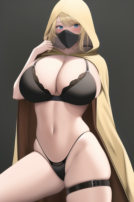 blond hair, large breast, hooded cape, covering face, thigh strap, thong, black bra, s-2968847363.png