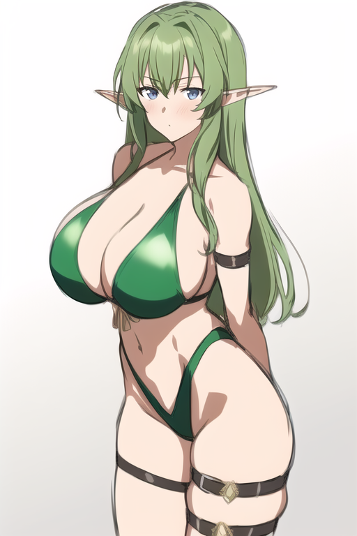 elf, green hair, grey eyes, large breast, monokini, thigh strap, fantasy, kyoto animation, sketch s-4075028882.png